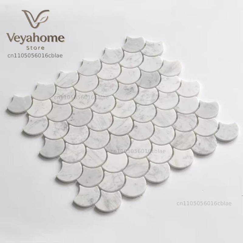 Home Bathroom Wall Tiles - Ubin Mosaik Marmer Berpola Sisik Ikan