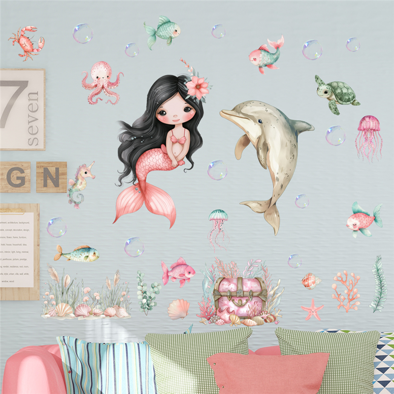 Home Bathroom Wall Tiles - Stiker dinding putri duyung motif ikan