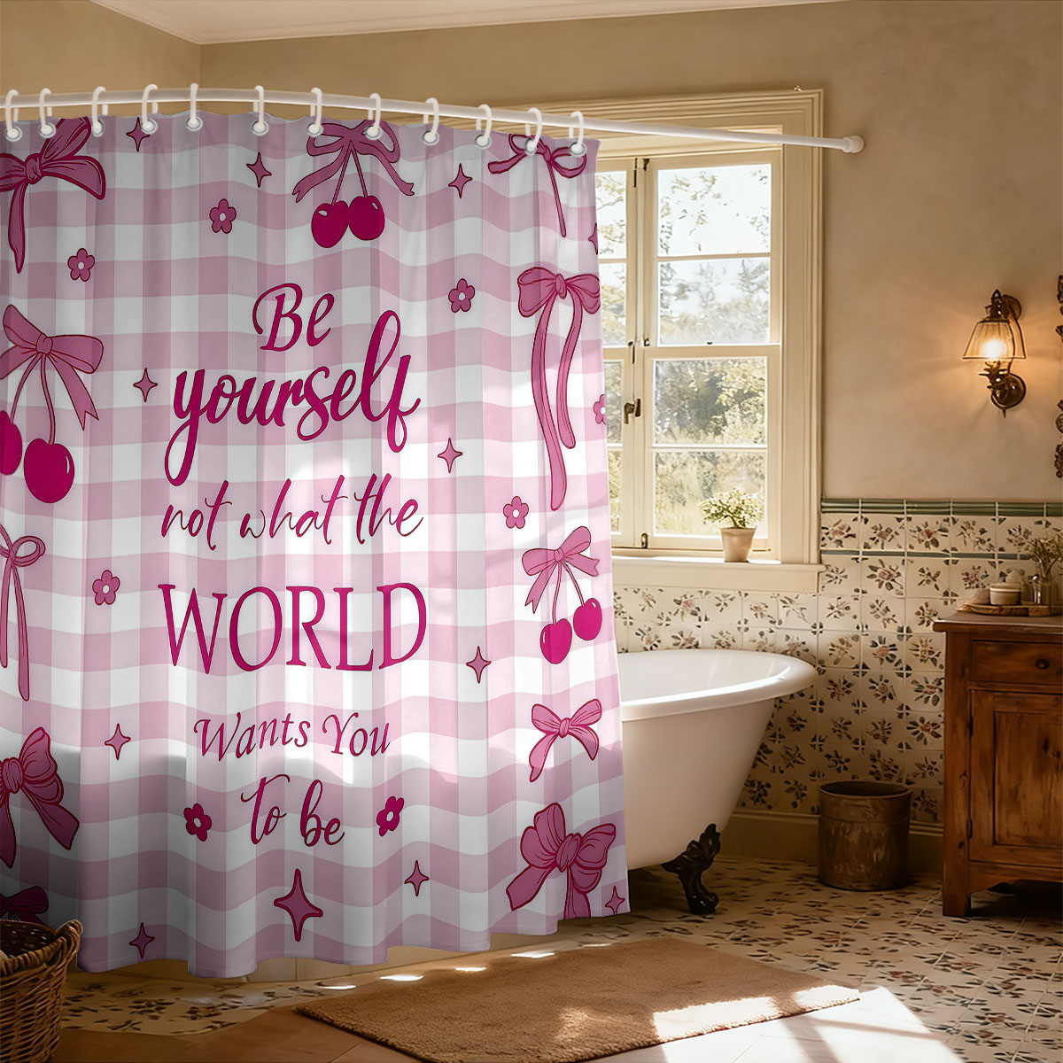 Home Bathroom Partition - 1 Buah Tirai Mandi Motif Pita