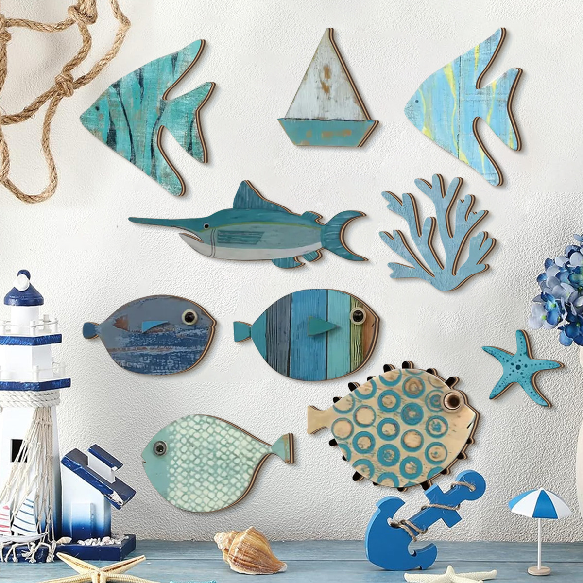 Home Of The Year Bathroom - 10pcs/set Tema Laut Ikan Kayu 2D