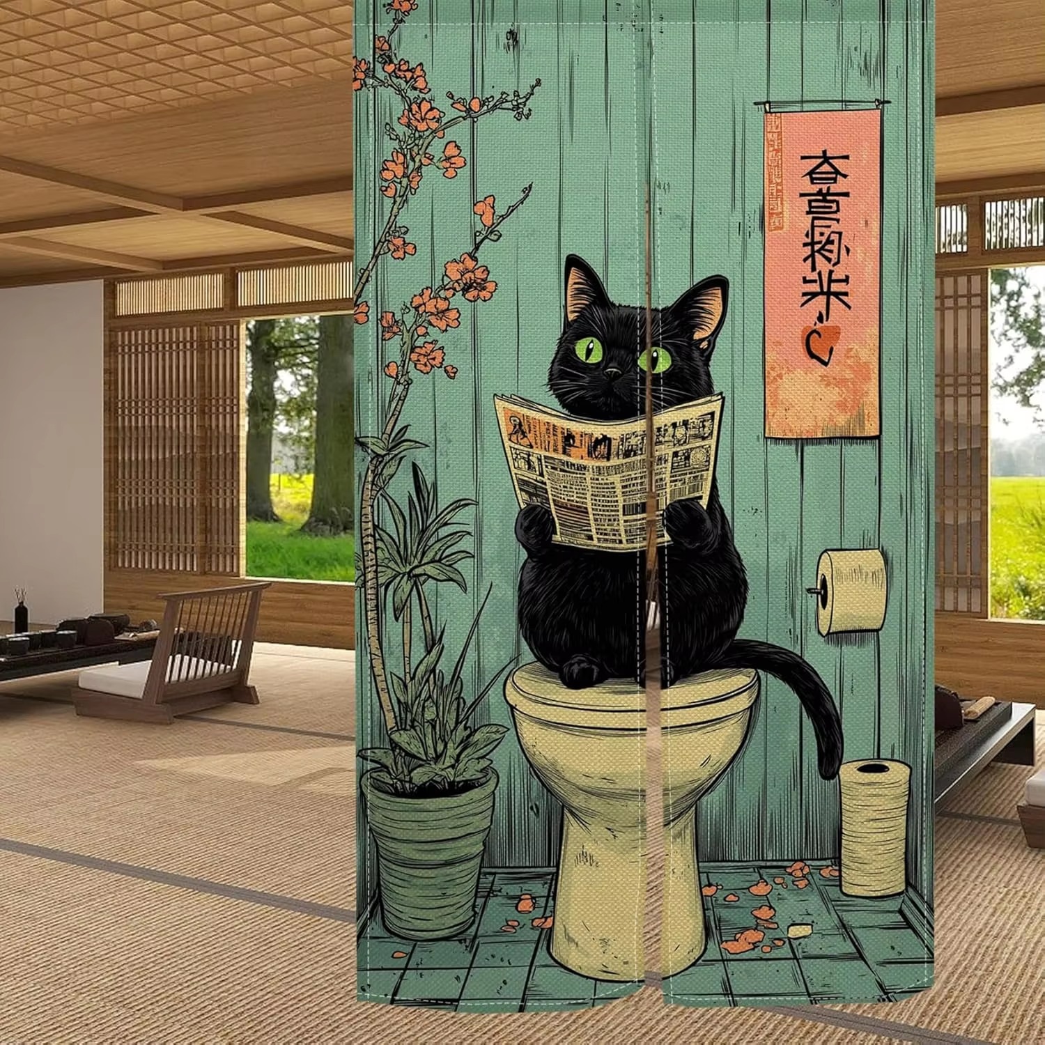 VIKAMA Fun Black Cat Half Curt - Home Bathroom Partition ulasan dan harga