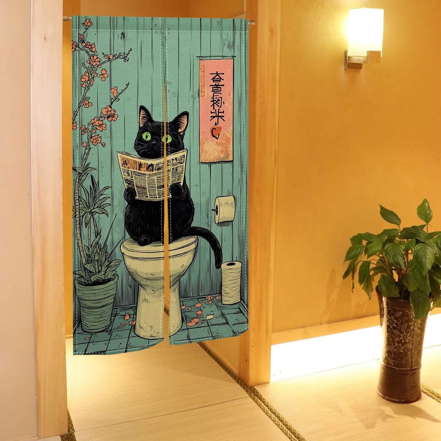 VIKAMA Fun Black Cat Half Curt - Home Bathroom Partition ulasan dan harga