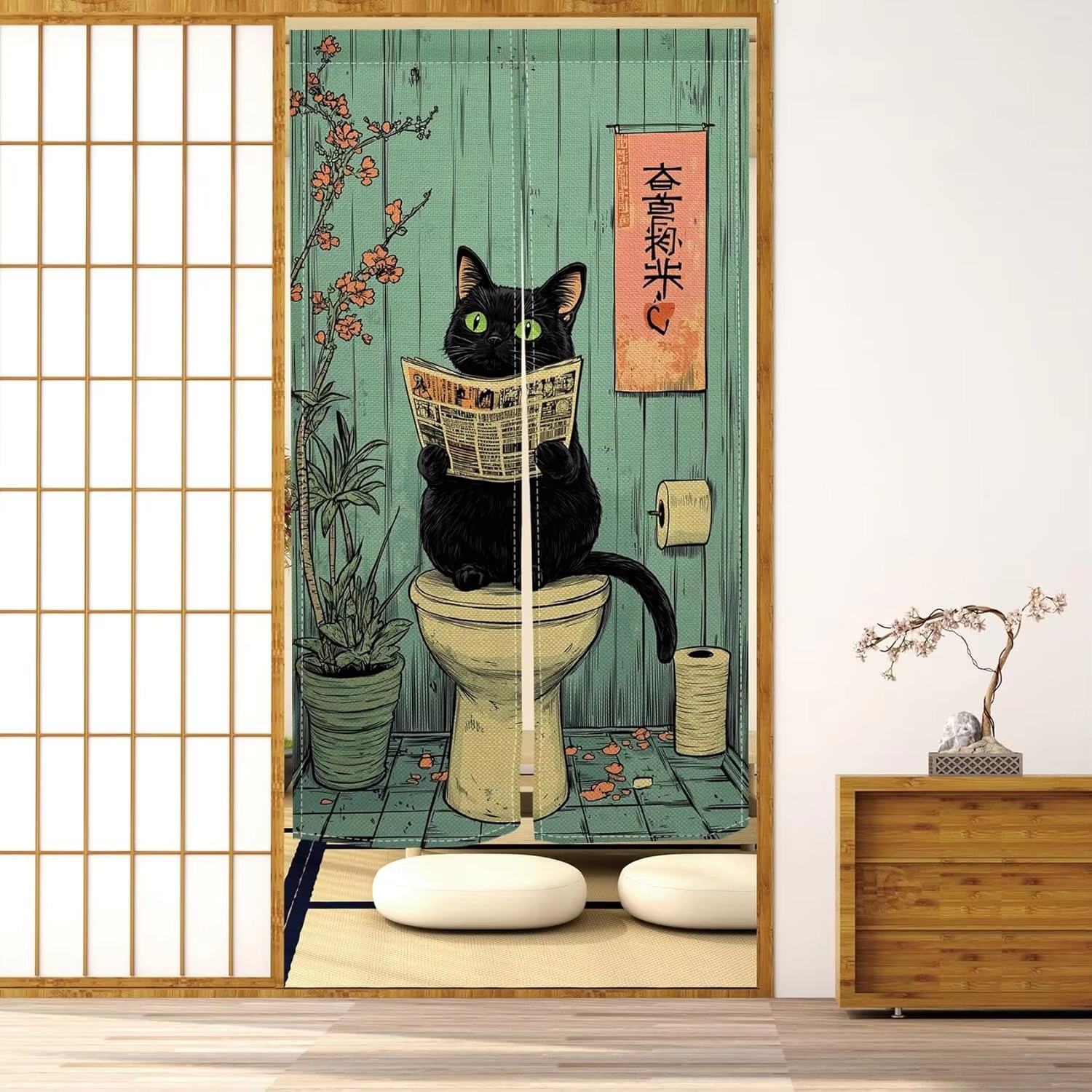 VIKAMA Fun Black Cat Half Curt - Home Bathroom Partition ulasan dan harga