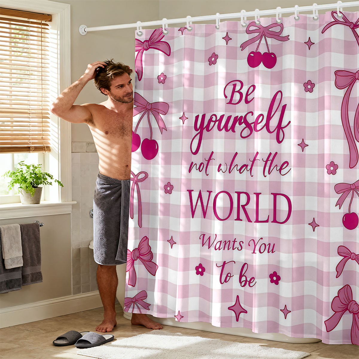 1 Buah Tirai Mandi Motif Pita  - Home Bathroom Partition ulasan dan harga