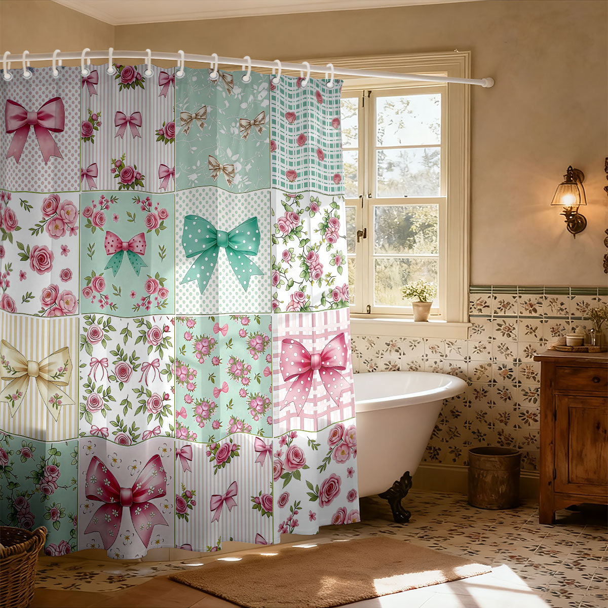 1 Buah Tirai Mandi Motif Pita  - Home Bathroom Partition ulasan dan harga
