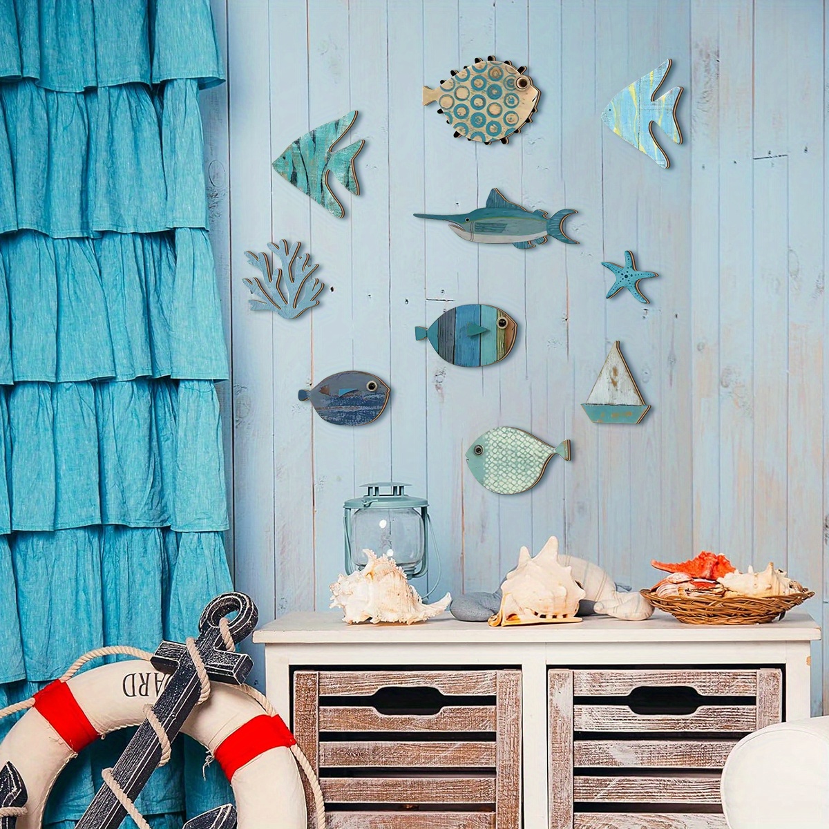 10pcs/set Tema Laut Ikan Kayu  - Home Of The Year Bathroom ulasan dan harga
