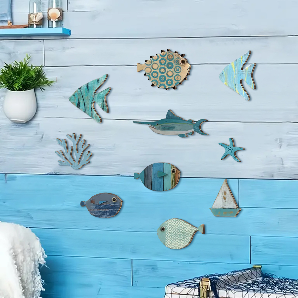 10pcs/set Tema Laut Ikan Kayu  - Home Of The Year Bathroom ulasan dan harga